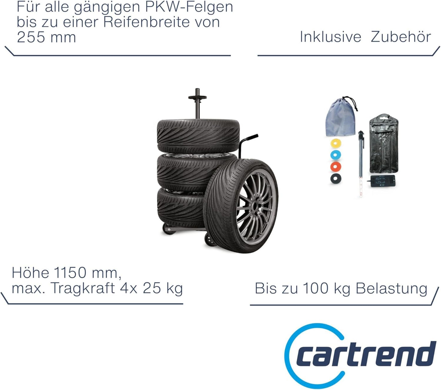 Cartrend Felgenbaumwagen, Felgenbaum Fahrbar Mit Reifenschutzhülle, Bis 255 Mm Reifenbreite, Felgenschonende Auflagen