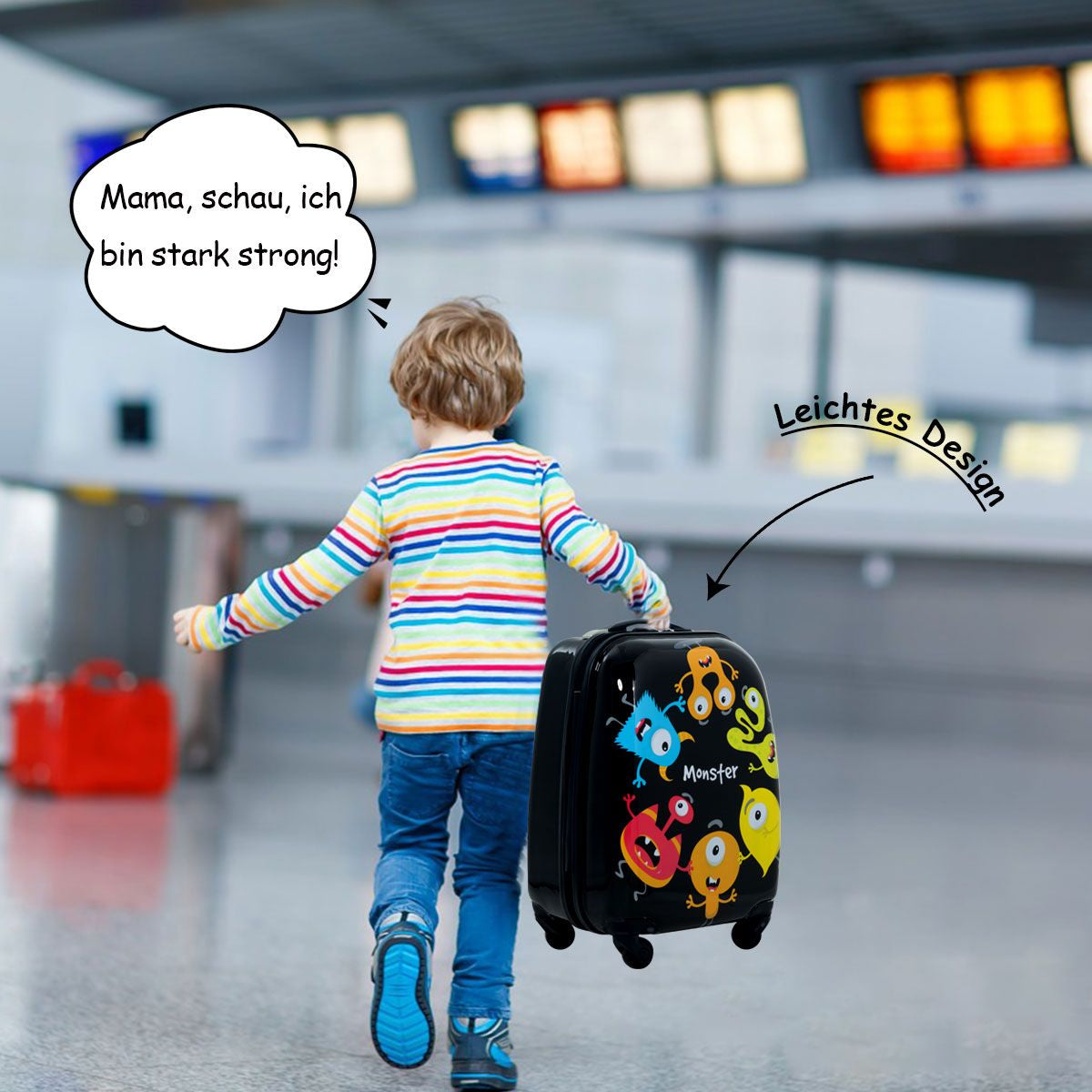 2 Tlg Kindergepäck Monstersbild Reisekoffer Kinderkoffer + Rucksack Schwarz