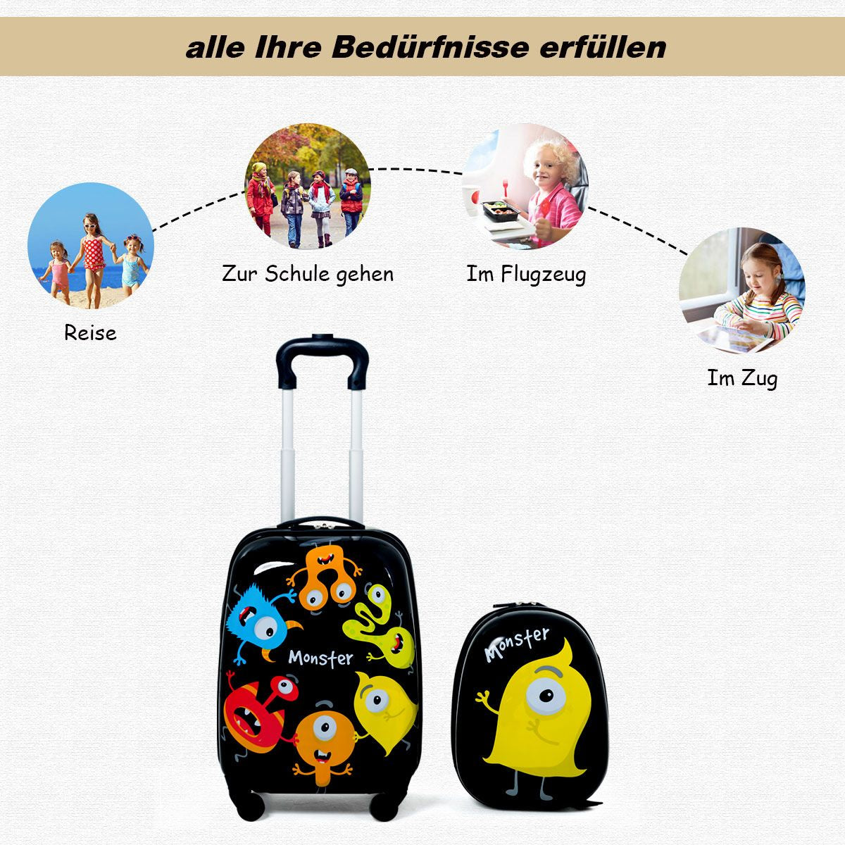 2 Tlg Kindergepäck Monstersbild Reisekoffer Kinderkoffer + Rucksack Schwarz