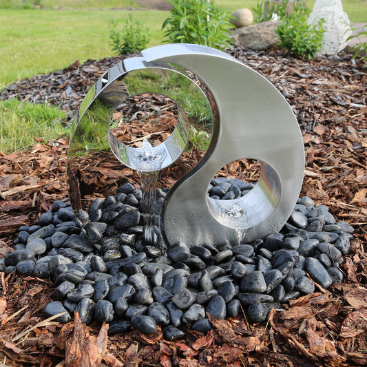 Clgarden Edelstahl Springbrunnen Ying Yang Wasserspiel Zierbrunnen LED Brunnen