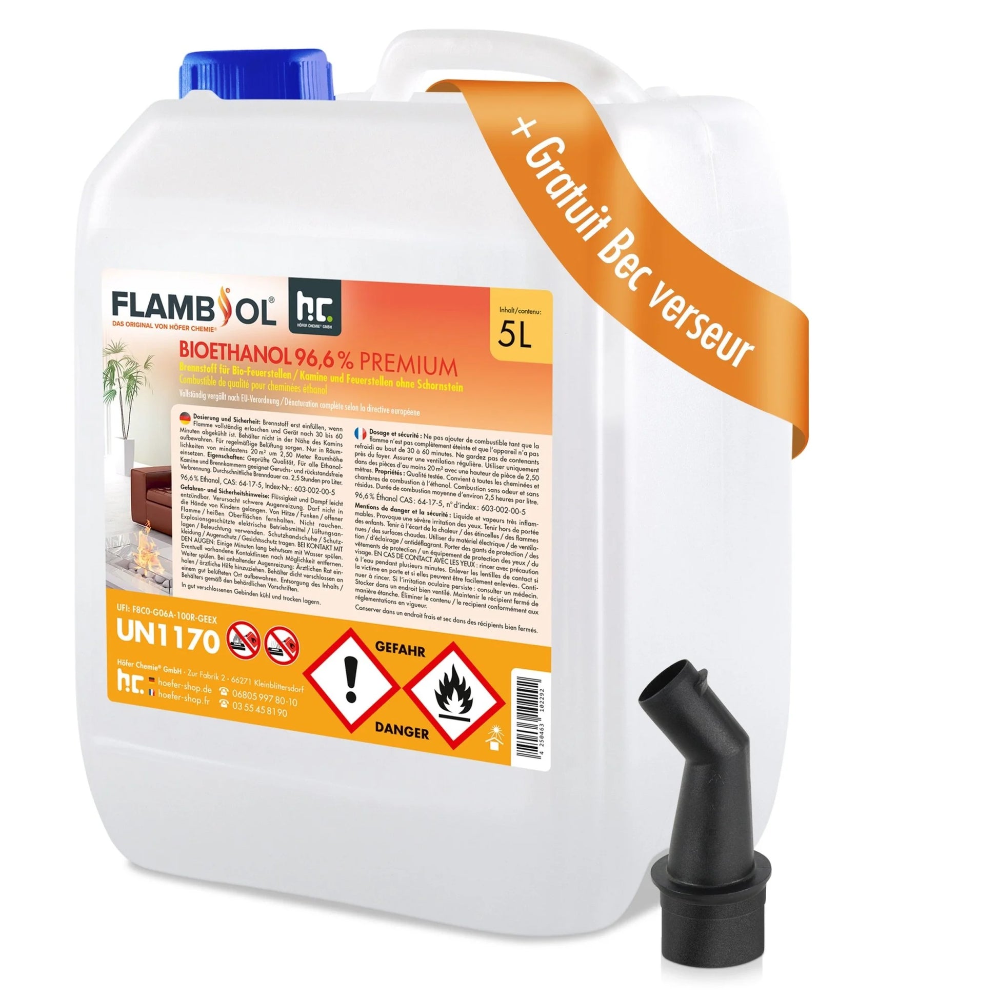5 L FLAMBIOL® Bioethanol 96,6% Premium Für Ethanol-Brenner Oder Kamine