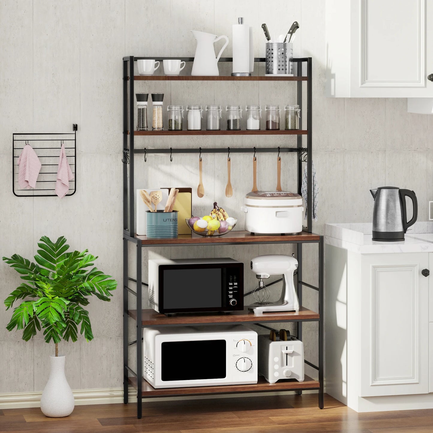 Kitchen Bakers Rack Industrial 5-Tier Microwave Oven Stand Freestanding Kitchen Utility Storage Shelf Workstation Organizer