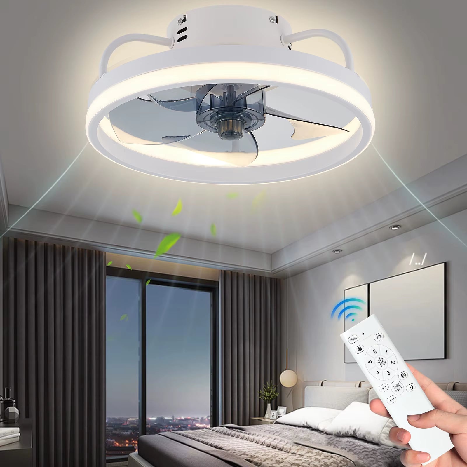 Modern LED Ceiling Fan with Adjustable Two-Way Blade Timer and Remote Control Tri-Color Adjustable Bedroom Living Room Kitchen
