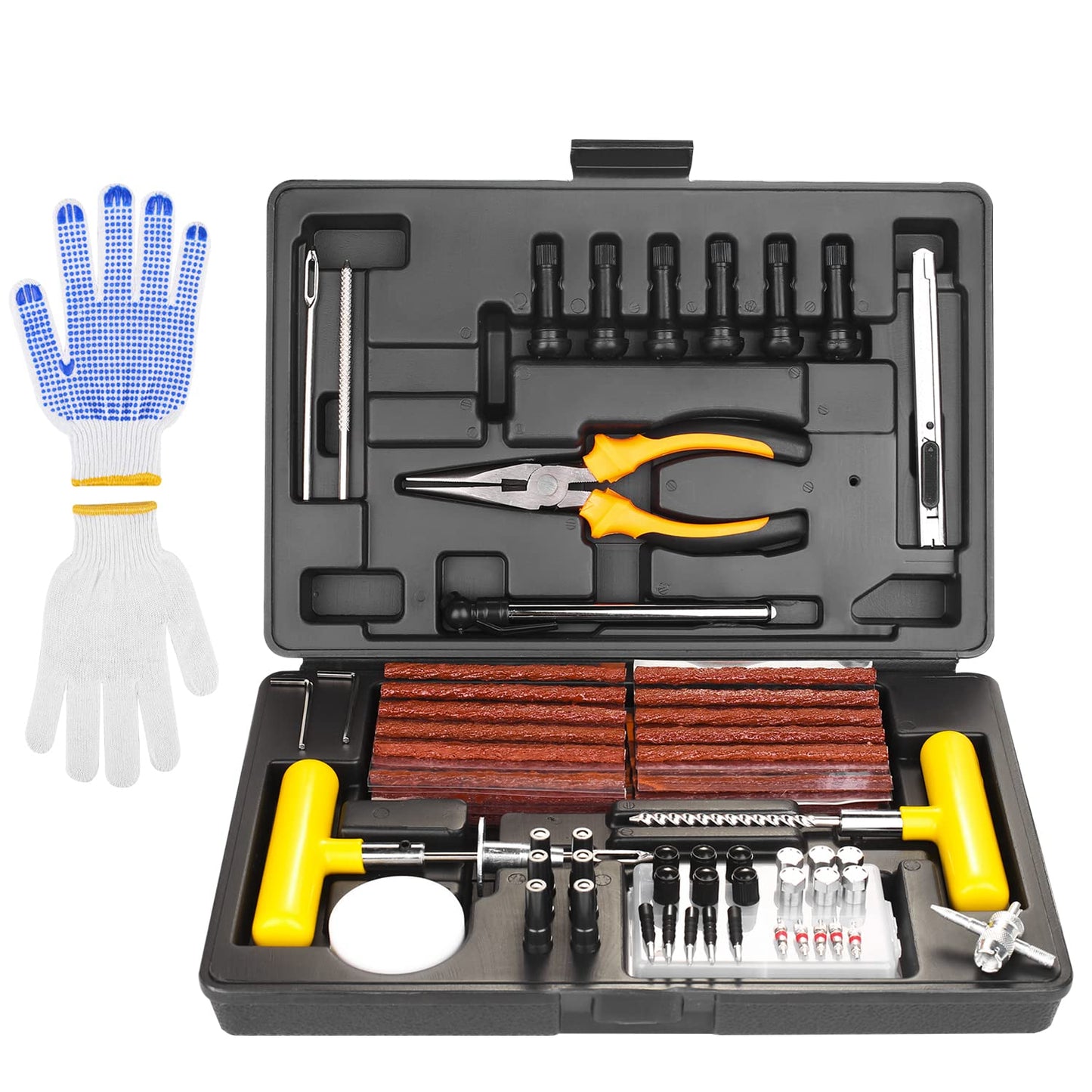 Reifen Reparaturset, 100 TLG. Autoreifen Mit Reifendruckmesser, Handschuhe Und 35 Zubehör, Flickset Für Autos, Fahrräder, Motorrad, Traktor, Lastwagen