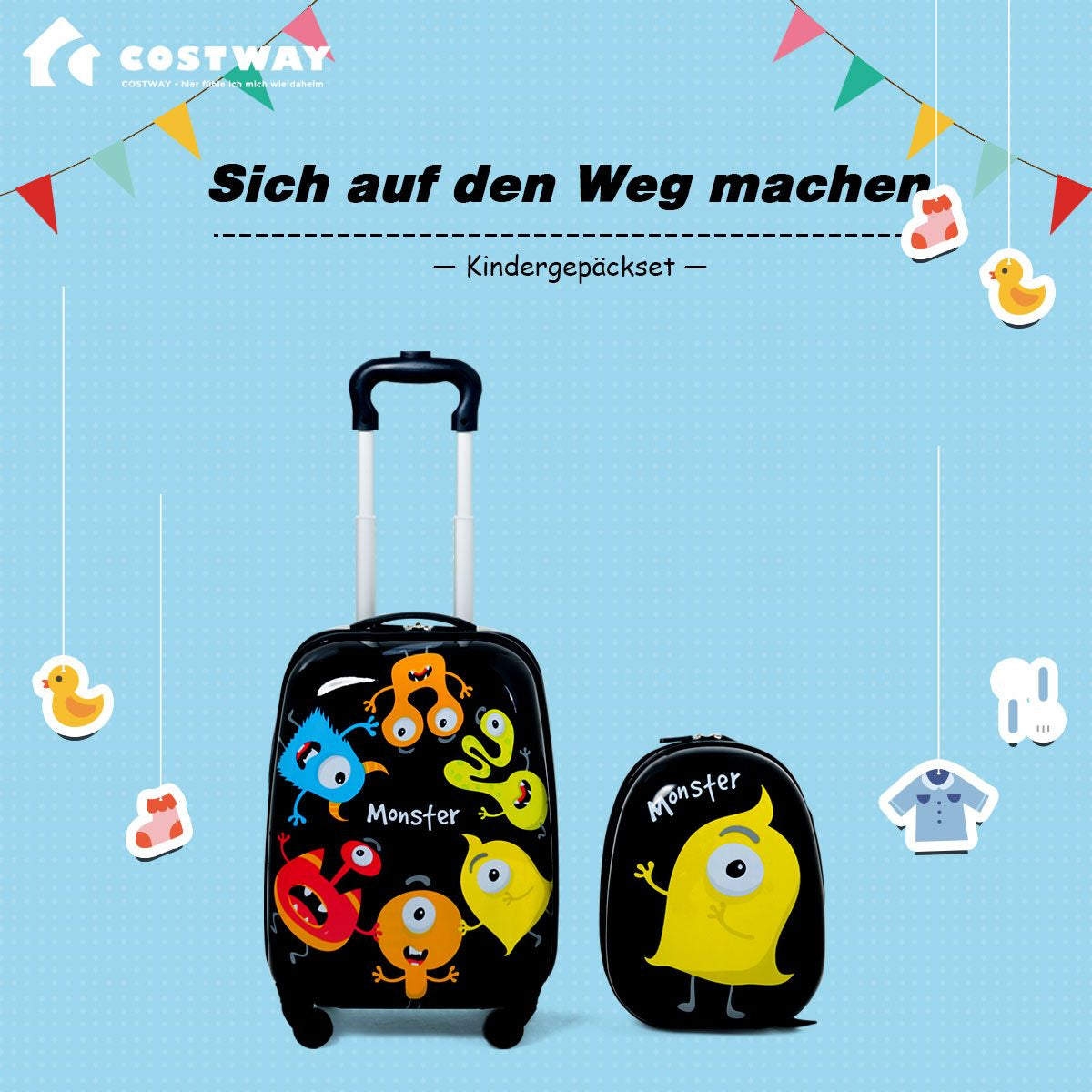 2 Tlg Kindergepäck Monstersbild Reisekoffer Kinderkoffer + Rucksack Schwarz