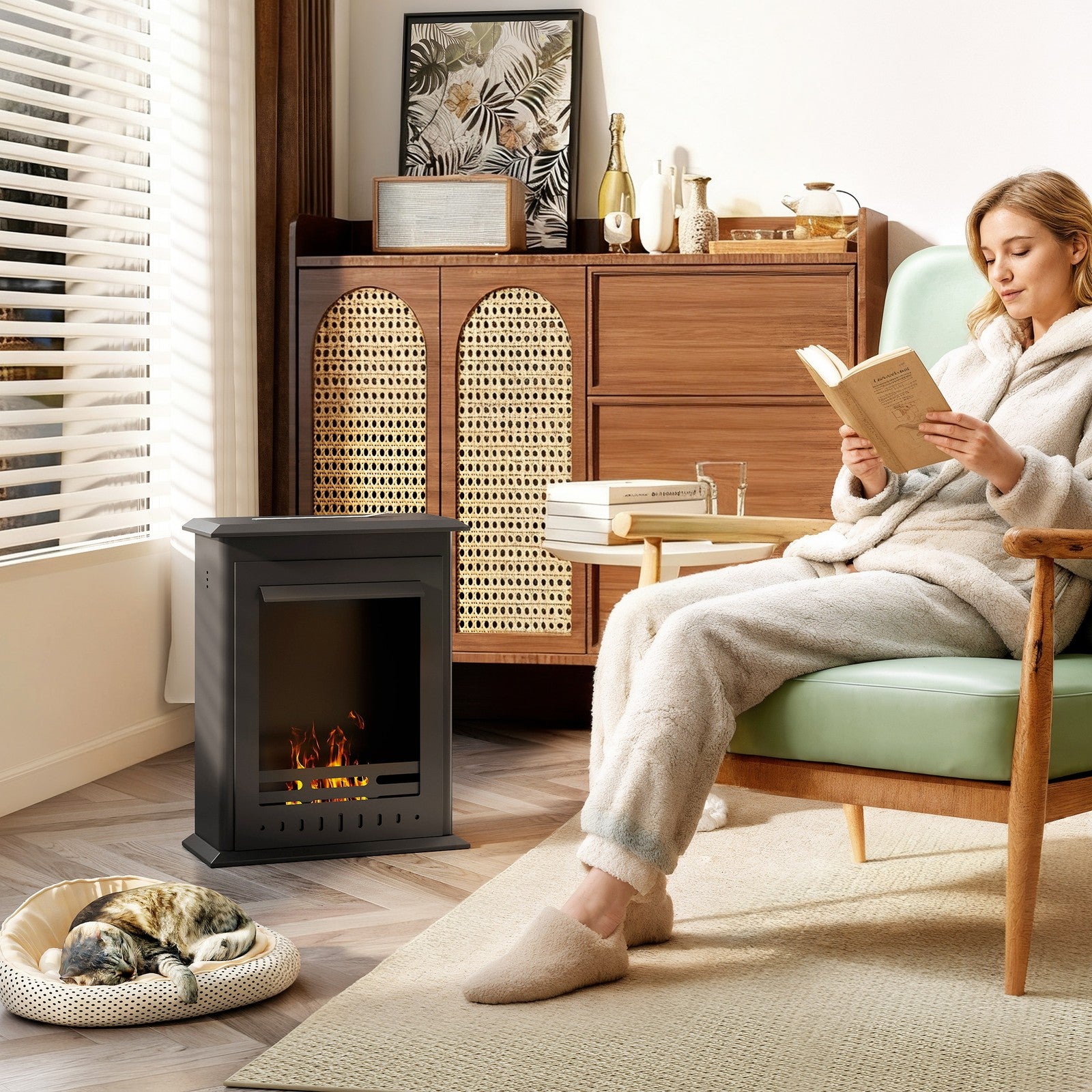 Bioethanol Kaminofen Freistehend Ethanol Kamin 3 Std. Brenndauer, Schwarz