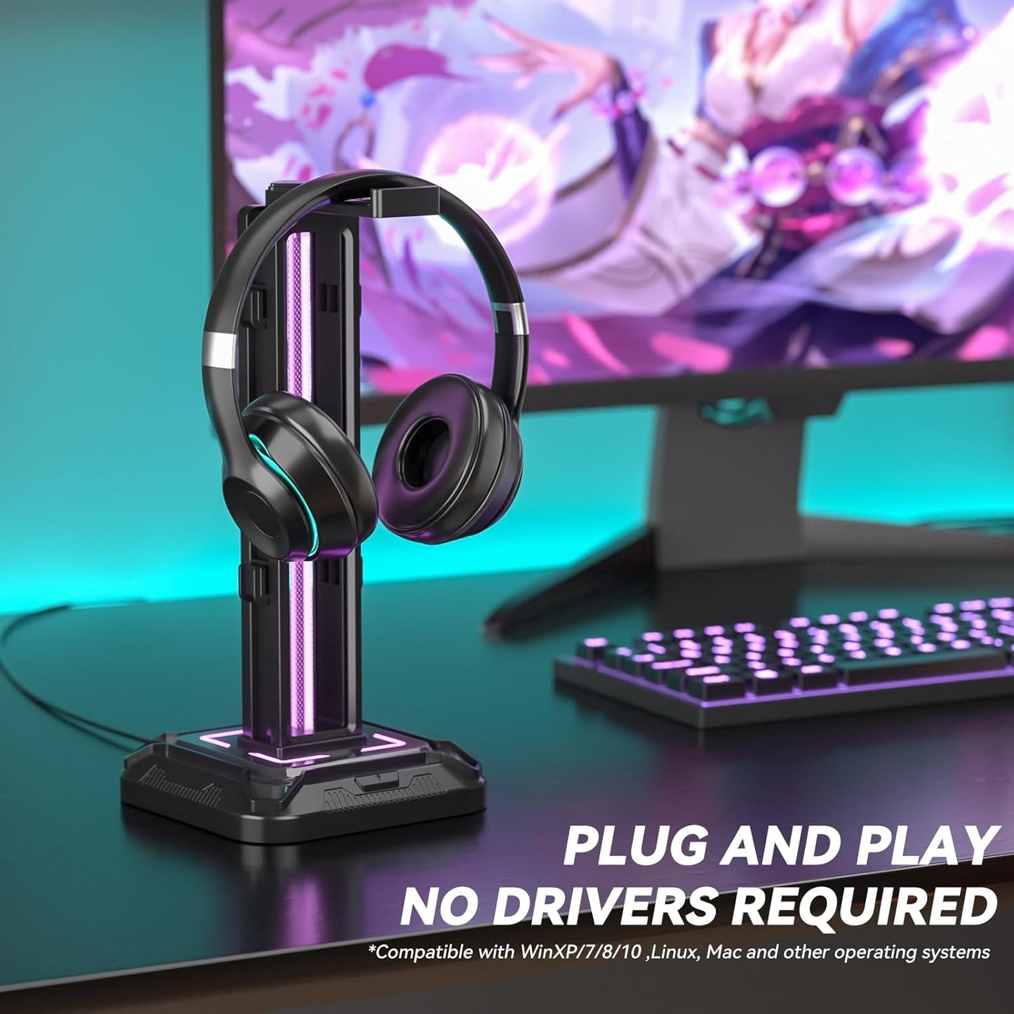 KDD Gaming Kopfhörer Ständer Led Mit 9 Lichtmodi - Drehbarer Headset Halterung Tisch Mit Abnehmbarer Controller Halterung - Headset Ständer Gaming Zubehör Für Gamer PC Xbox ONE Ps5(Schwarz)