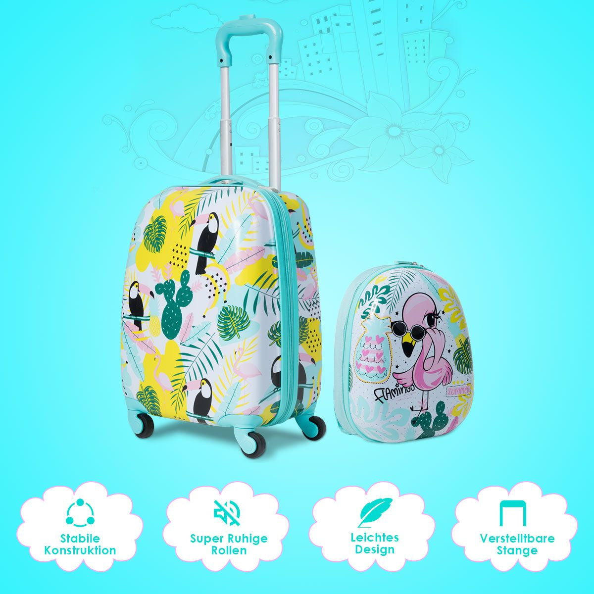 2 Tlg Kindergepäck Flamingosblid Reisekoffer Kinderkoffer + Rucksack Blau