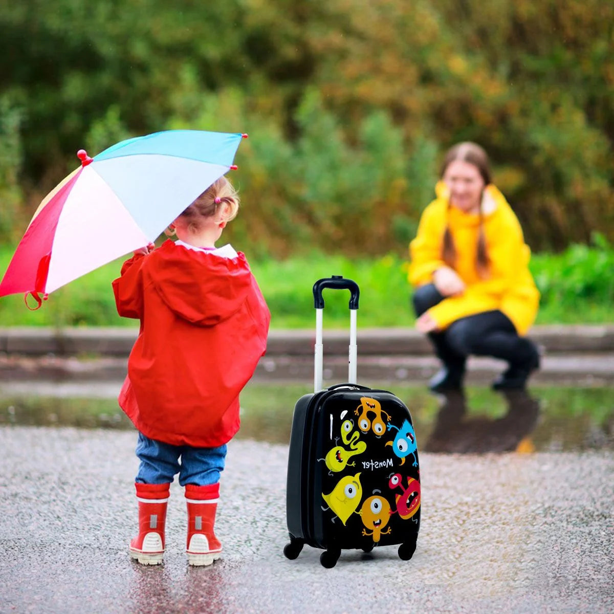 2 Tlg Kindergepäck Monstersbild Reisekoffer Kinderkoffer + Rucksack Schwarz
