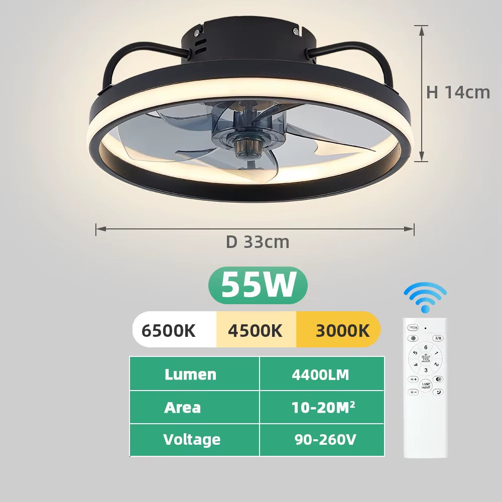 Modern LED Ceiling Fan with Adjustable Two-Way Blade Timer and Remote Control Tri-Color Adjustable Bedroom Living Room Kitchen