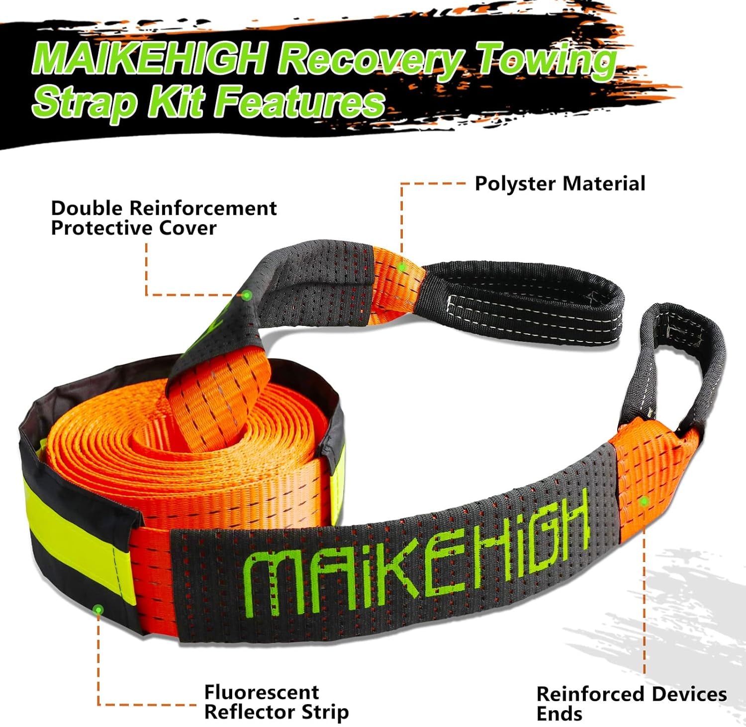 MAIKEHIGH Abschleppseil 5M X 5Cm, 10 Tonnen (22,000 Lbs) Polyester Tow Rope Kit Für Off-Road Recovery Mit 2 Verstärkten Haken Und 2 Handschuhen