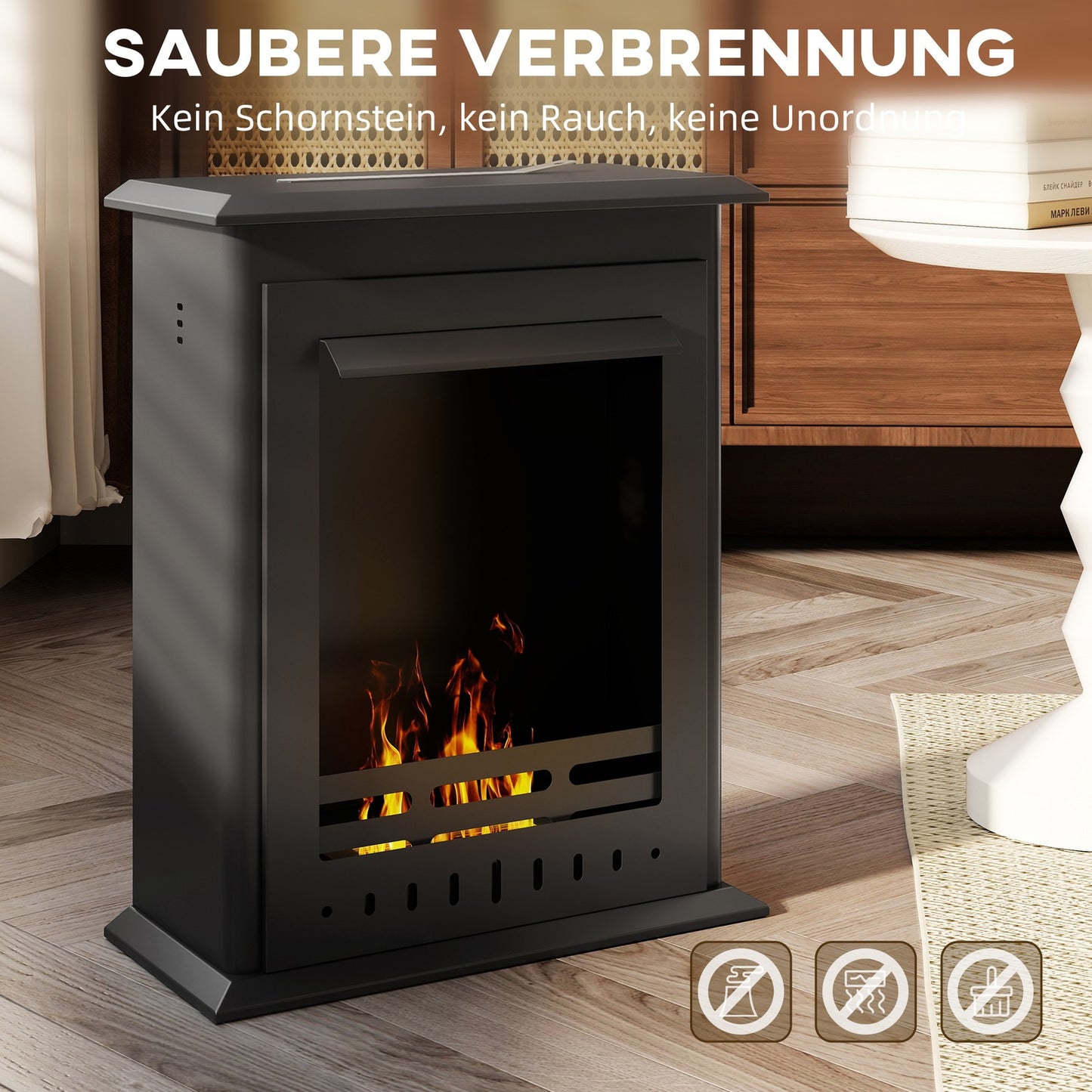 Bioethanol Kaminofen Freistehend Ethanol Kamin 3 Std. Brenndauer, Schwarz