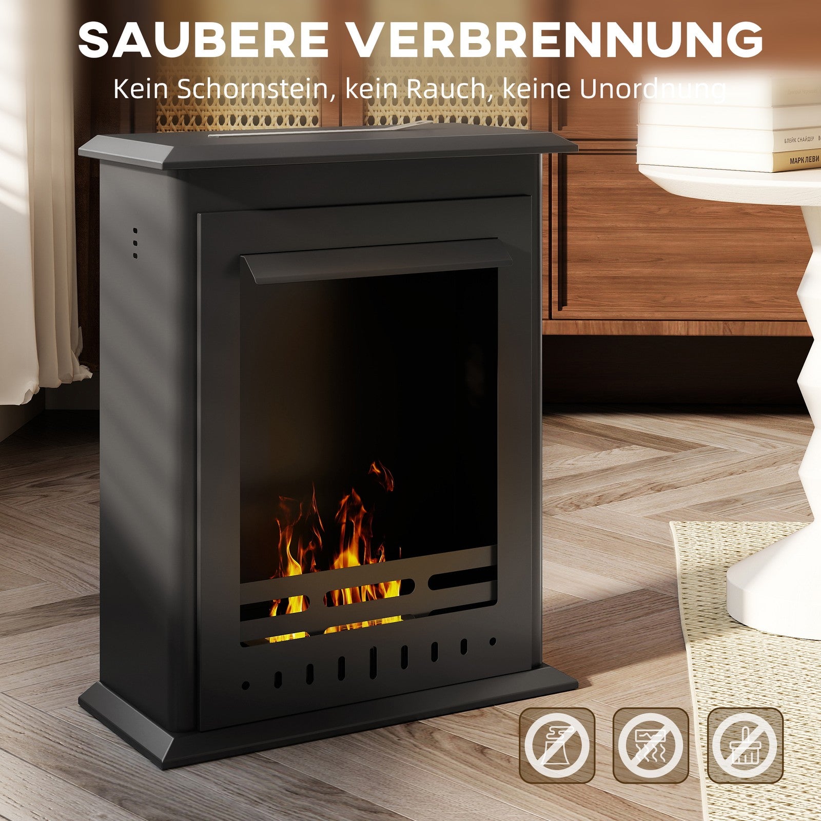 Bioethanol Kaminofen Freistehend Ethanol Kamin 3 Std. Brenndauer, Schwarz
