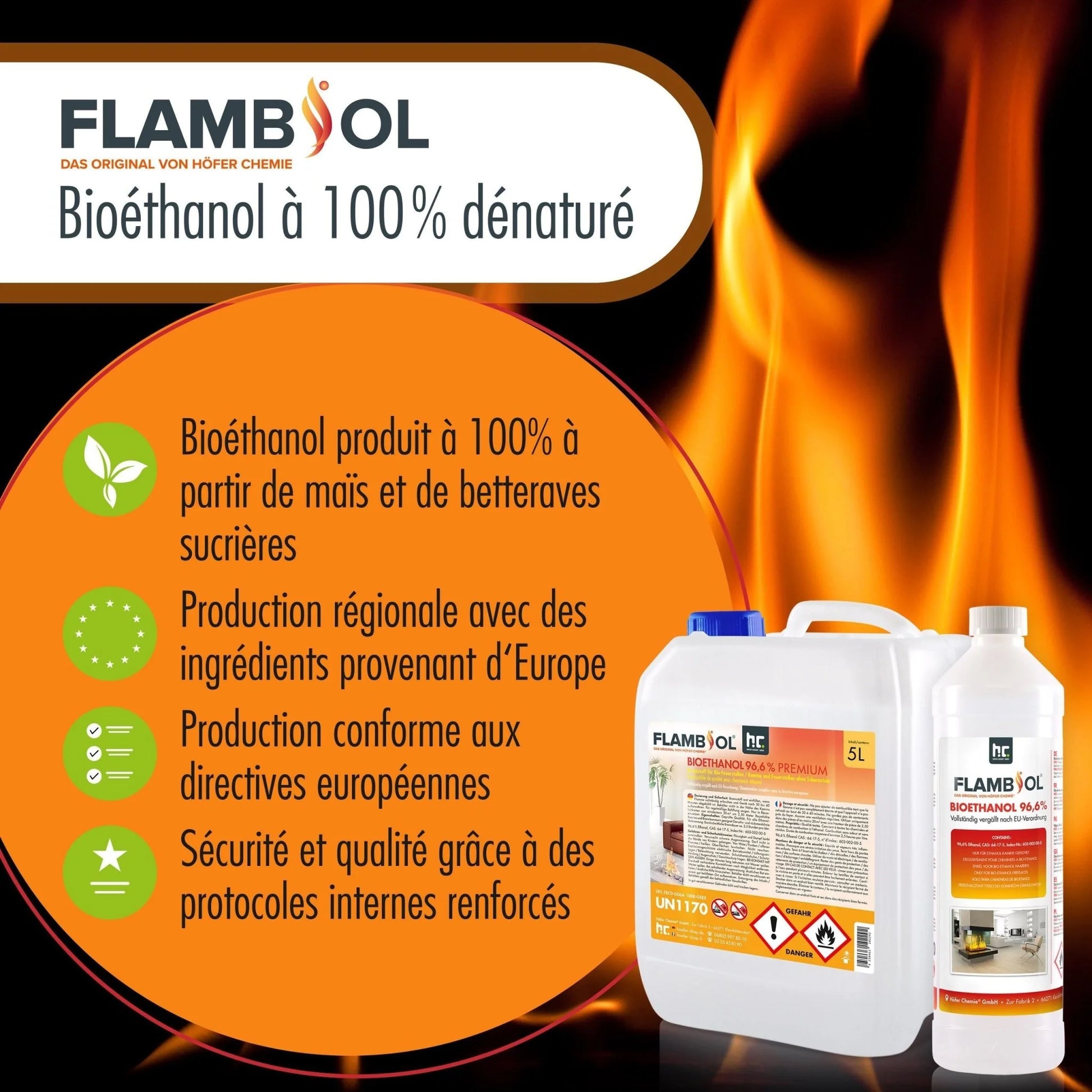5 L FLAMBIOL® Bioethanol 96,6% Premium Für Ethanol-Brenner Oder Kamine