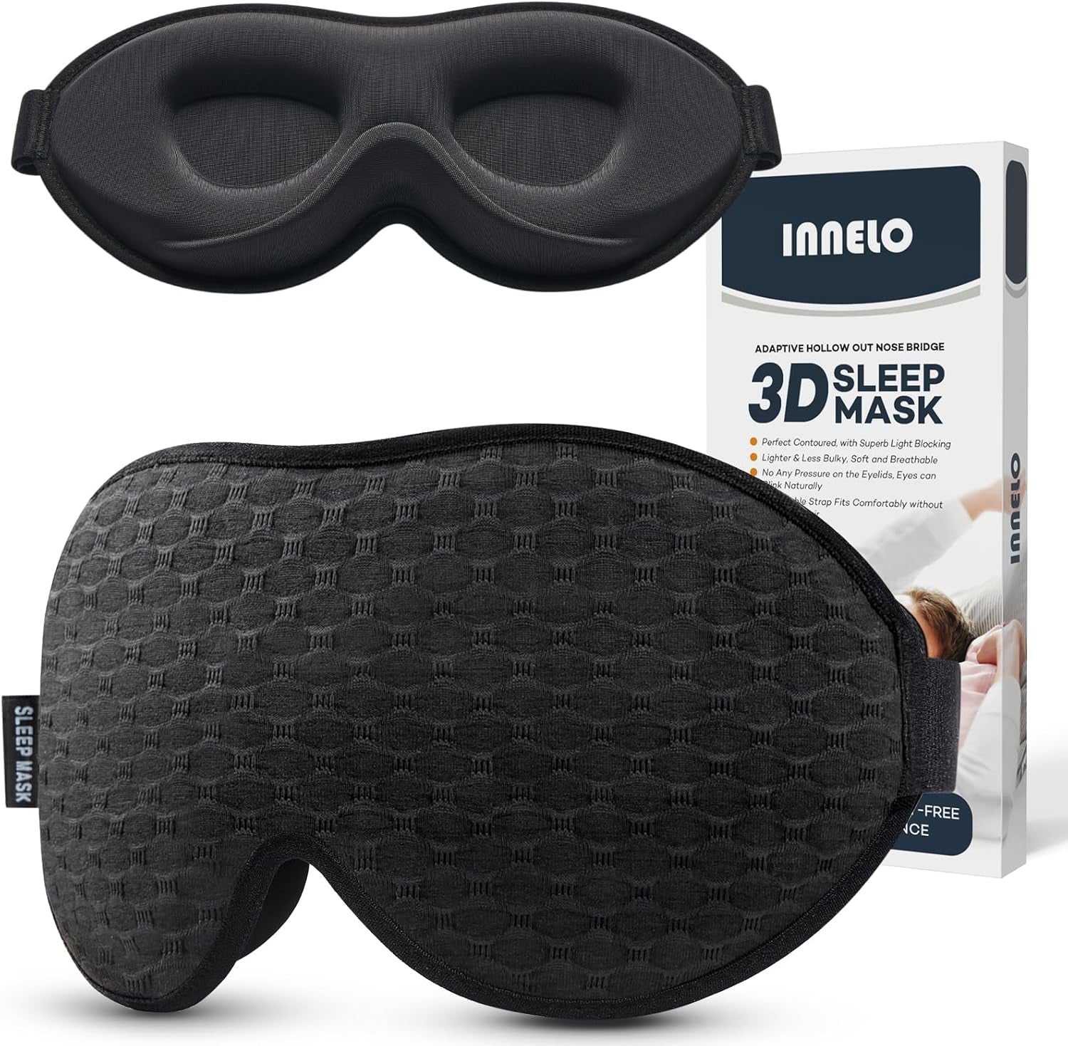INNELO Schlafmaske Für Herren Frauen, 2024 Bequeme Atmungsaktive 3D Augenmaske, Mit Tiefen Augenhöhlen Und Erhöhten Nasenpads, 100％ Lichtblockierende Schlafbrille Mit Memory Foam Für Reisen, Schwarz