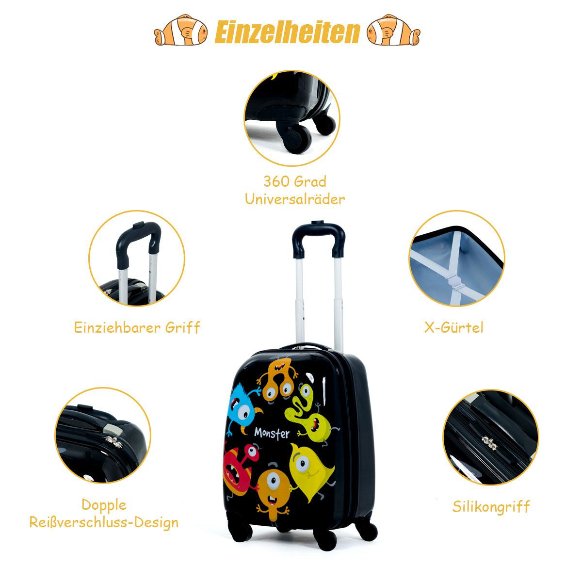 2 Tlg Kindergepäck Monstersbild Reisekoffer Kinderkoffer + Rucksack Schwarz