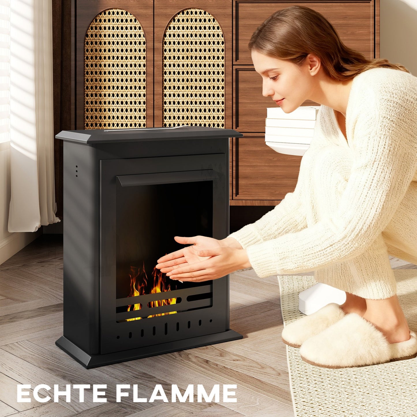 Bioethanol Kaminofen Freistehend Ethanol Kamin 3 Std. Brenndauer, Schwarz