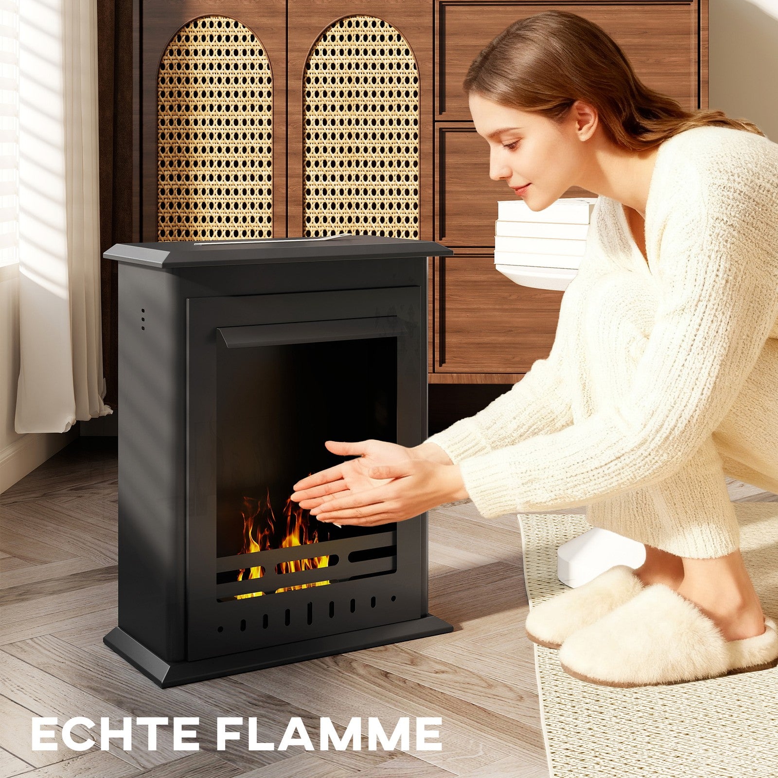 Bioethanol Kaminofen Freistehend Ethanol Kamin 3 Std. Brenndauer, Schwarz