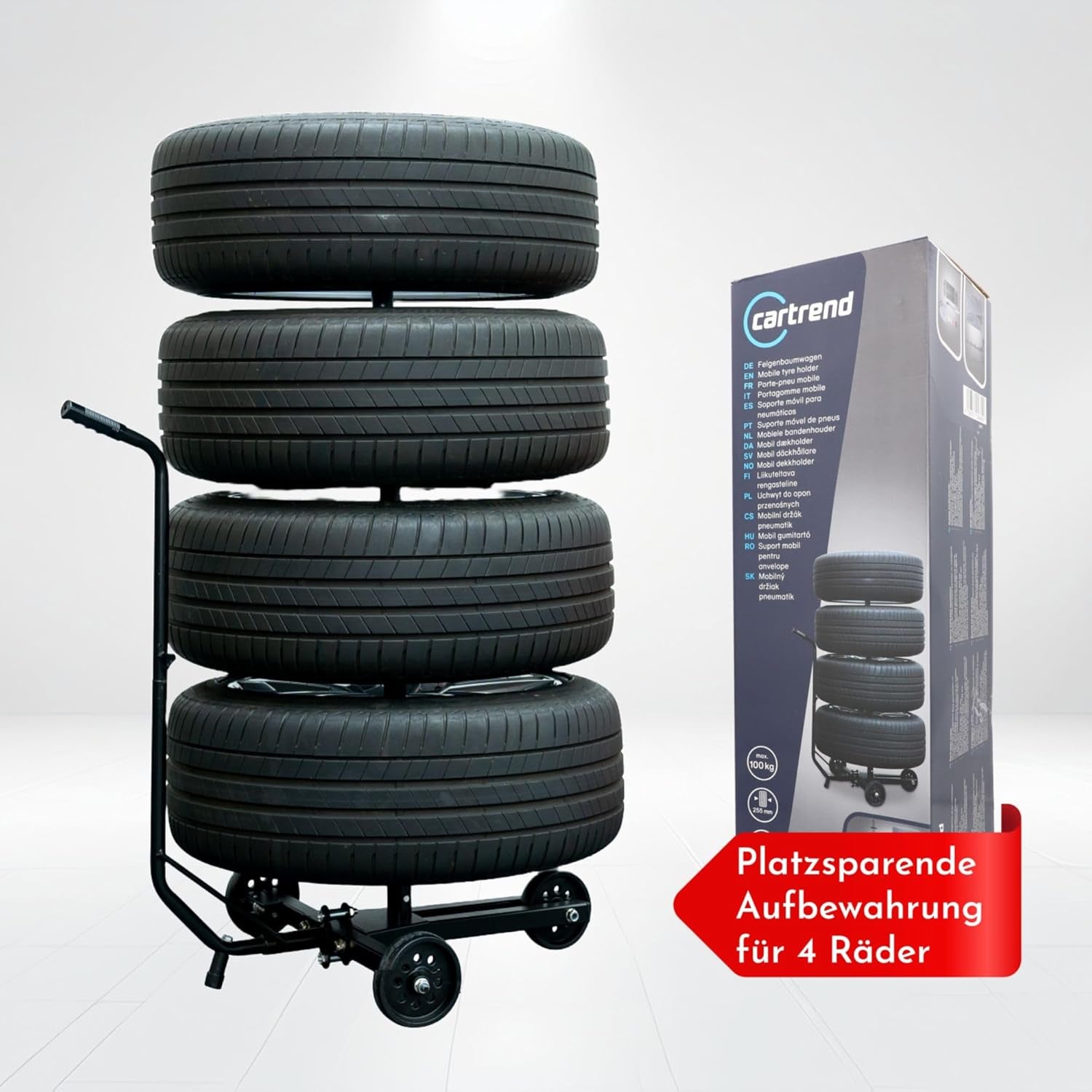 Cartrend Felgenbaumwagen, Felgenbaum Fahrbar Mit Reifenschutzhülle, Bis 255 Mm Reifenbreite, Felgenschonende Auflagen