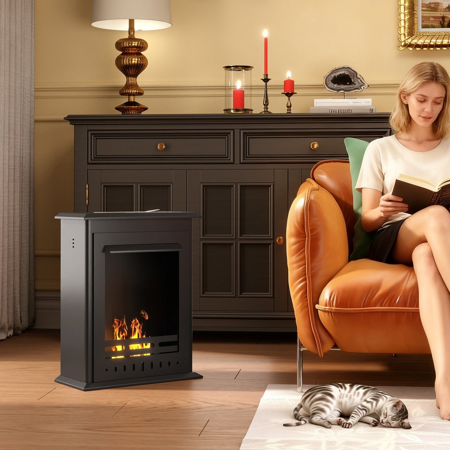 Bioethanol Kaminofen Freistehend Ethanol Kamin 3 Std. Brenndauer, Schwarz