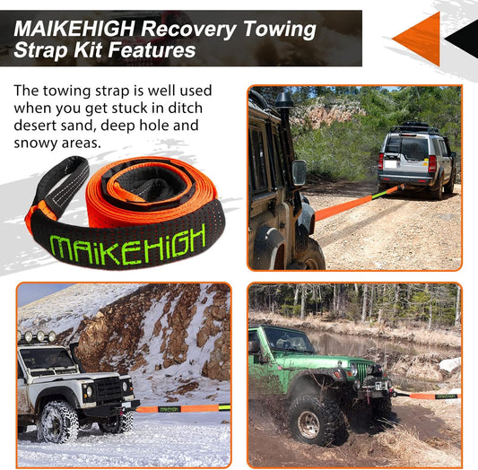 MAIKEHIGH Abschleppseil 5M X 5Cm, 10 Tonnen (22,000 Lbs) Polyester Tow Rope Kit Für Off-Road Recovery Mit 2 Verstärkten Haken Und 2 Handschuhen