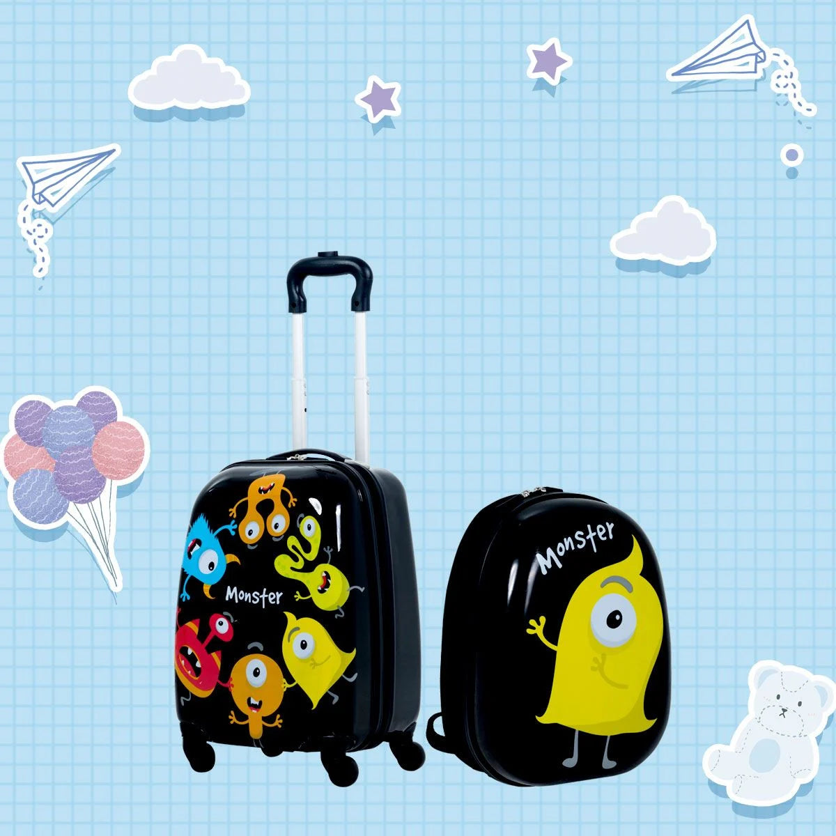 2 Tlg Kindergepäck Monstersbild Reisekoffer Kinderkoffer + Rucksack Schwarz