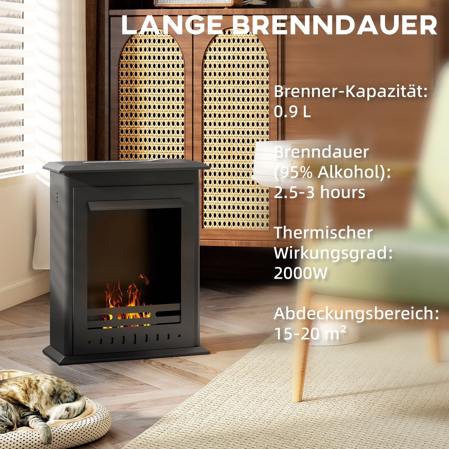 Bioethanol Kaminofen Freistehend Ethanol Kamin 3 Std. Brenndauer, Schwarz