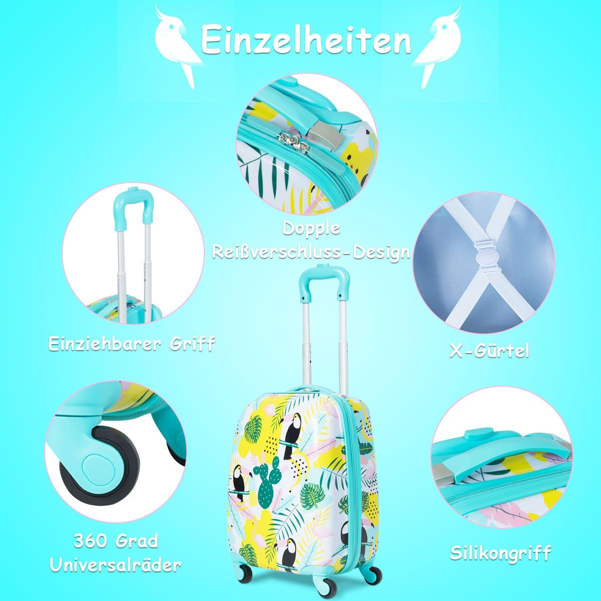 2 Tlg Kindergepäck Flamingosblid Reisekoffer Kinderkoffer + Rucksack Blau