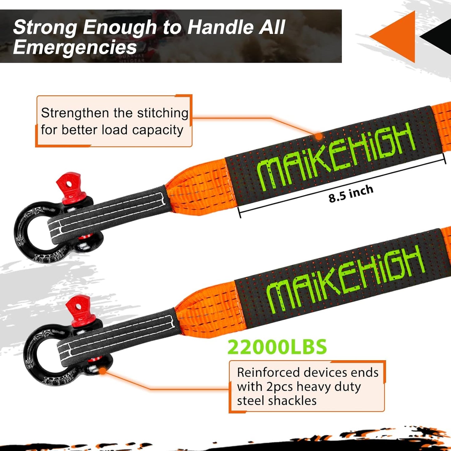 MAIKEHIGH Abschleppseil 5M X 5Cm, 10 Tonnen (22,000 Lbs) Polyester Tow Rope Kit Für Off-Road Recovery Mit 2 Verstärkten Haken Und 2 Handschuhen