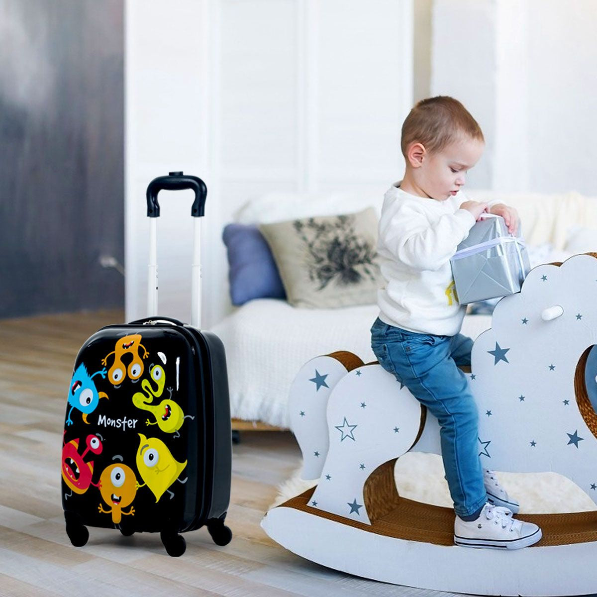 2 Tlg Kindergepäck Monstersbild Reisekoffer Kinderkoffer + Rucksack Schwarz
