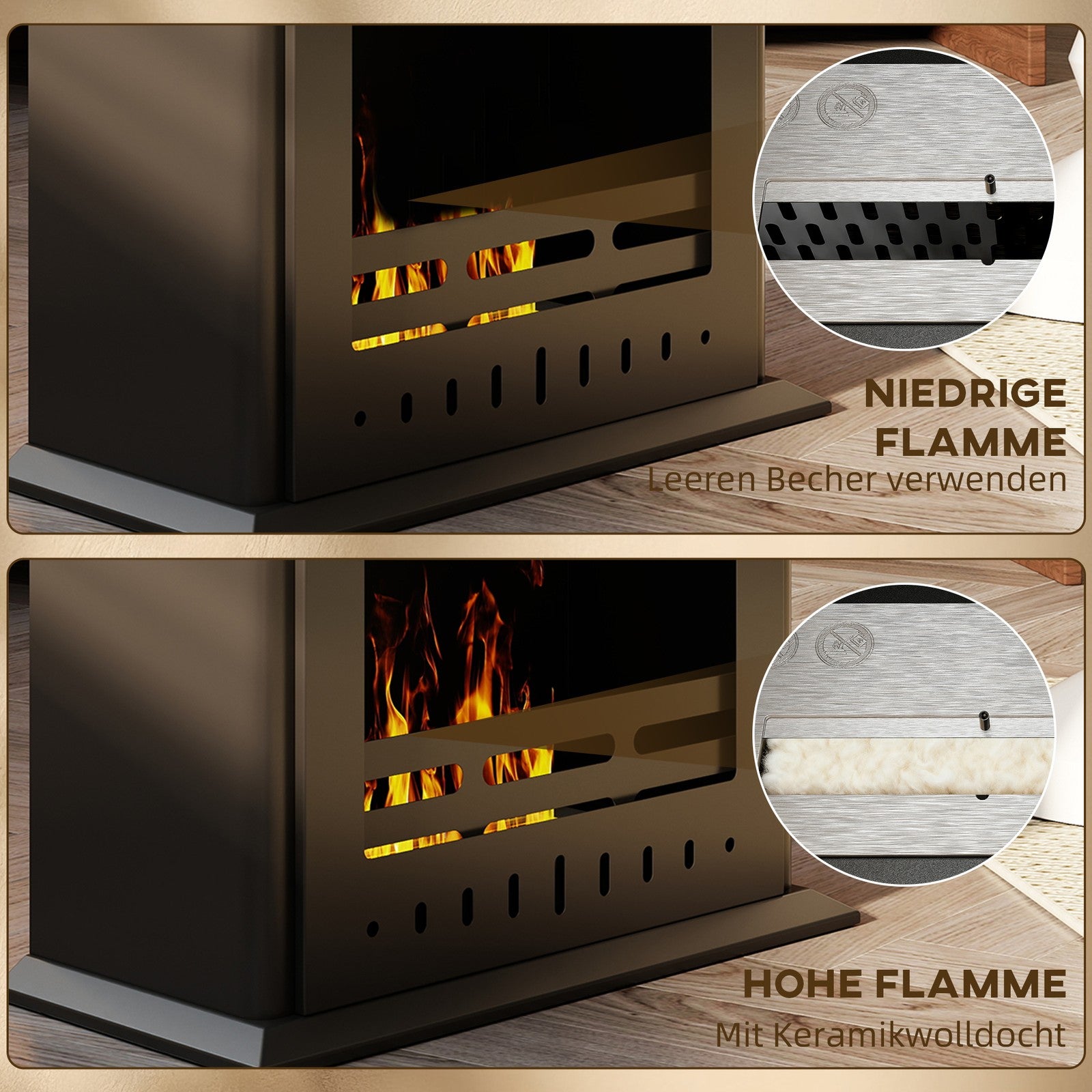 Bioethanol Kaminofen Freistehend Ethanol Kamin 3 Std. Brenndauer, Schwarz