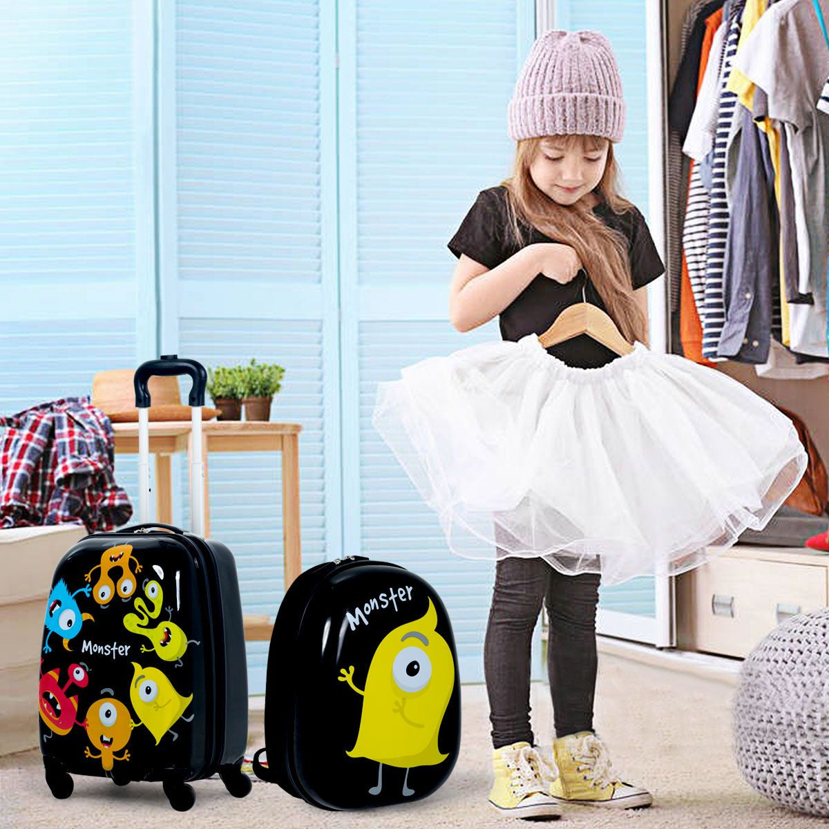 2 Tlg Kindergepäck Monstersbild Reisekoffer Kinderkoffer + Rucksack Schwarz